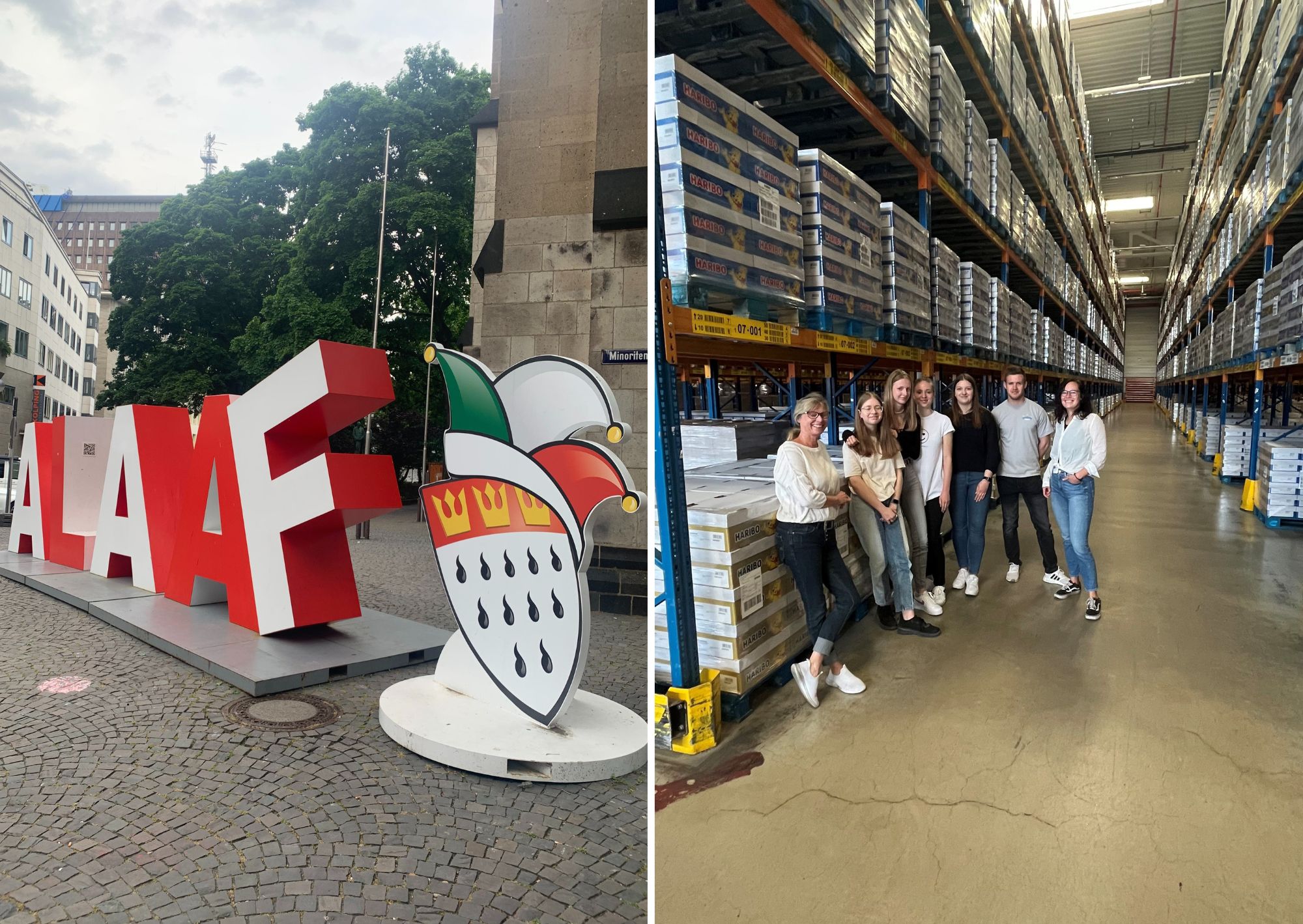 Das Bild zeigt Azubis von MediaLogistik in einer Lagerhalle von FIEGE-Logistik. Diese wurde im Zuge der Azubifahrt nach Köln besichtigt.