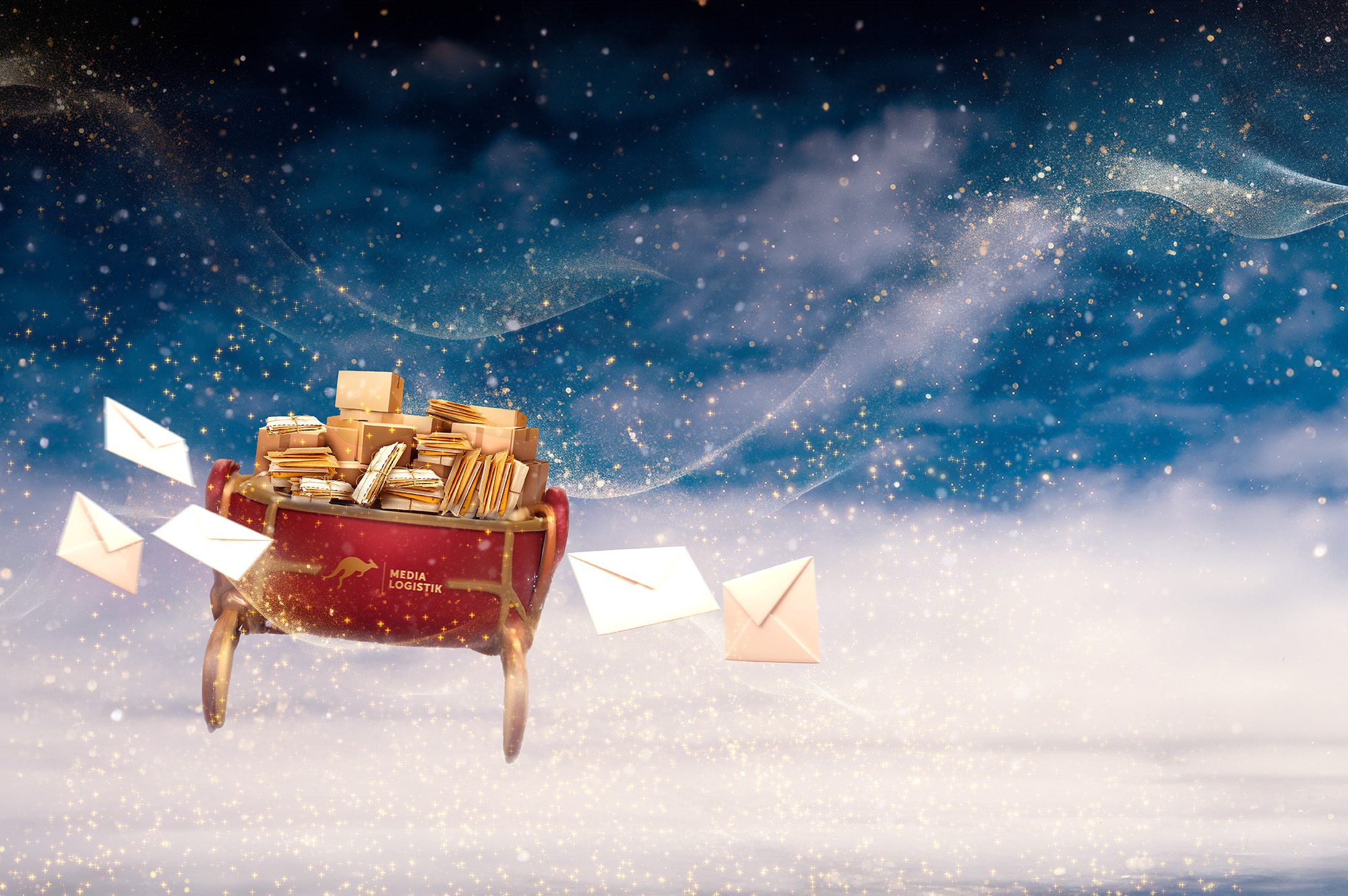 Das Bild zeigt das Header-Bild der Weihnachtskampagne mit Weihnachtsschlitten, voll gepackt mit Briefen und Paketen.